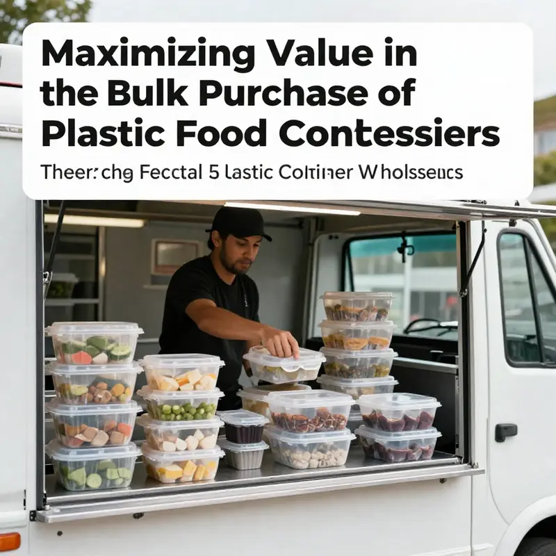 Bulk purchasing of plastic food containers in a warehouse setting exemplifies cost savings.