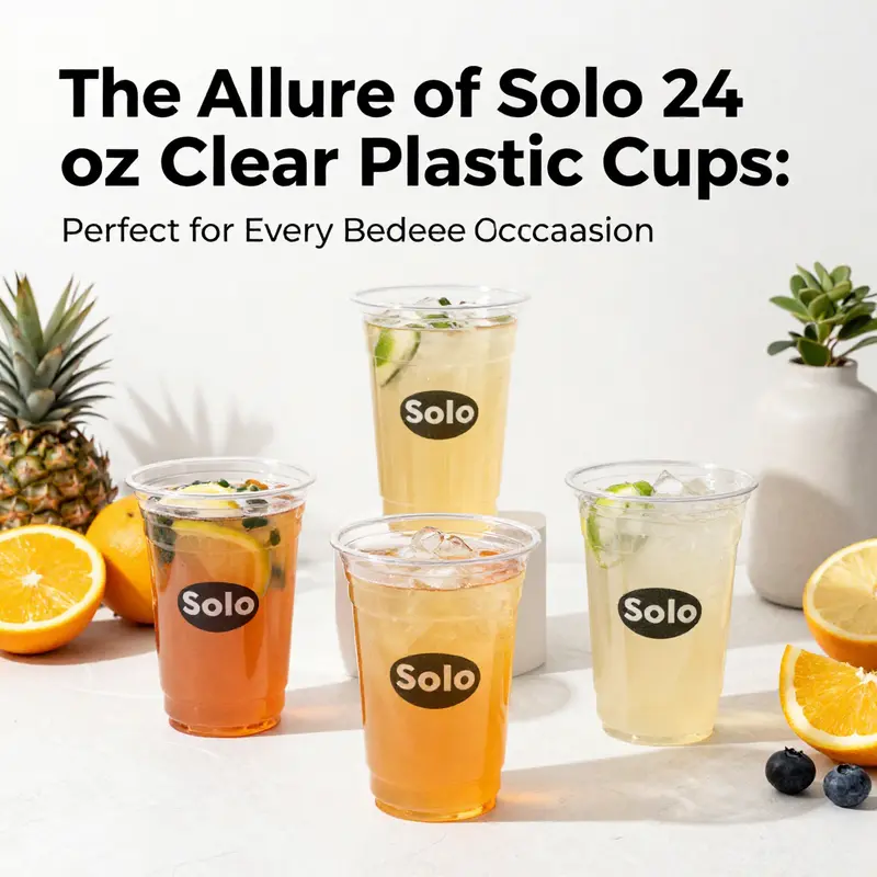 An overview of Solo 24 oz clear plastic cups showcasing different drink possibilities.