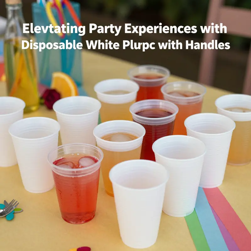 A lively party setup showcasing disposable cups with handles, ideal for festive gatherings.