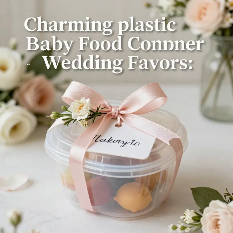 Decorated plastic baby food containers arranged as wedding favors, creatively filled and personalized.