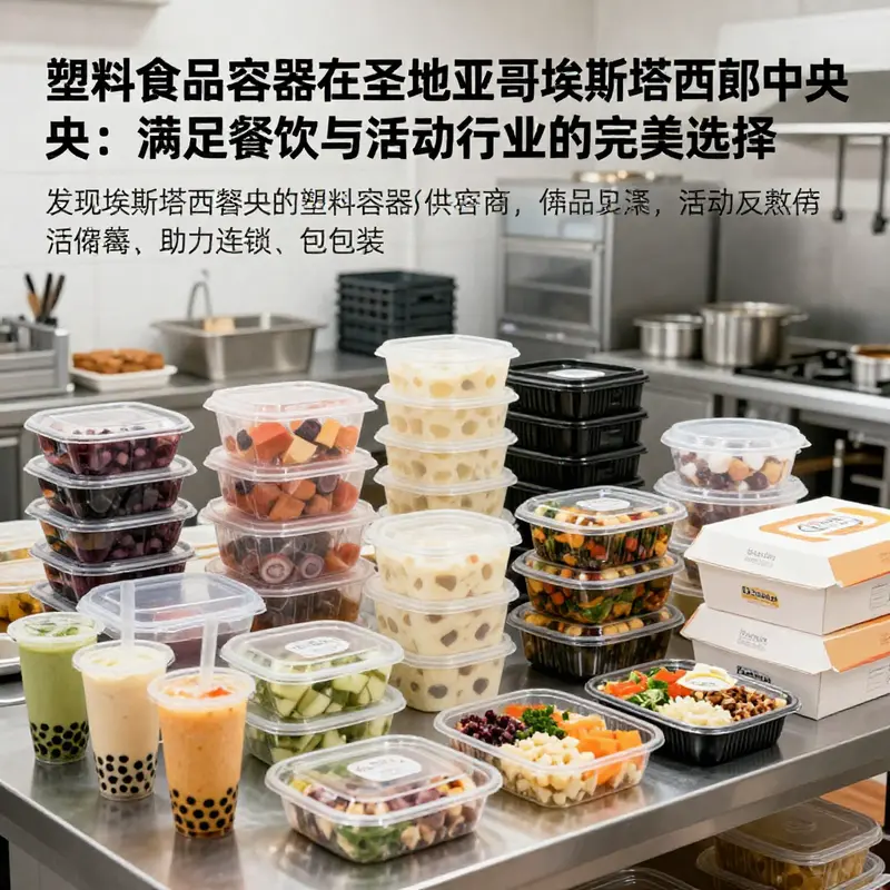 圣地亚哥埃斯塔西翁中央商业厨房中整齐排列的各类食品塑料容器，包括一次性包装盒和饮料杯，体现行业应用场景。