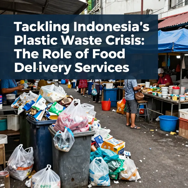 Food delivery riders navigating the streets of Indonesia, highlighting the widespread use of plastic packaging.