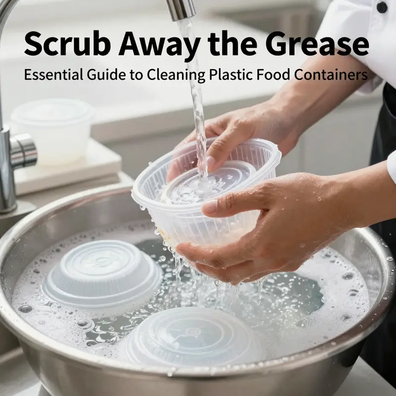 Effective pre-rinse and soak techniques to loosen stubborn grease on plastic food containers.