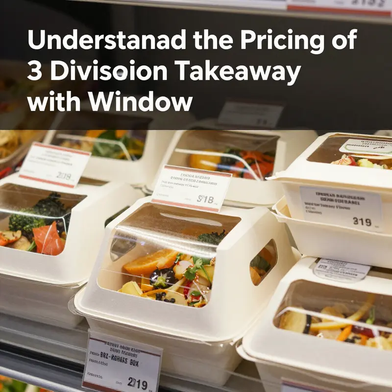 Display of different 3 division takeaway food boxes with their respective prices.