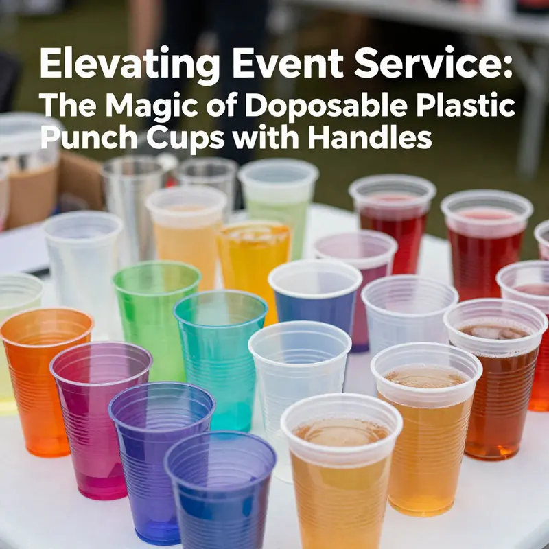 A detailed view of crystal-clear PET disposable punch cups with handles, ideal for serving beverages at events.