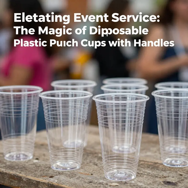 A detailed view of crystal-clear PET disposable punch cups with handles, ideal for serving beverages at events.