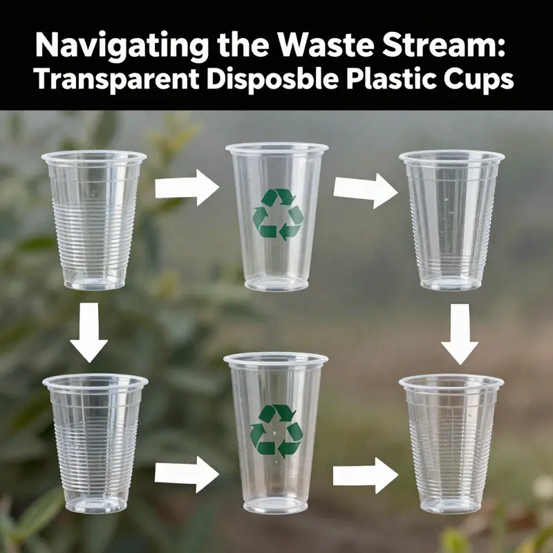 Workers sorting transparent plastic cups into recycling and general waste bins, showcasing effective trash management.