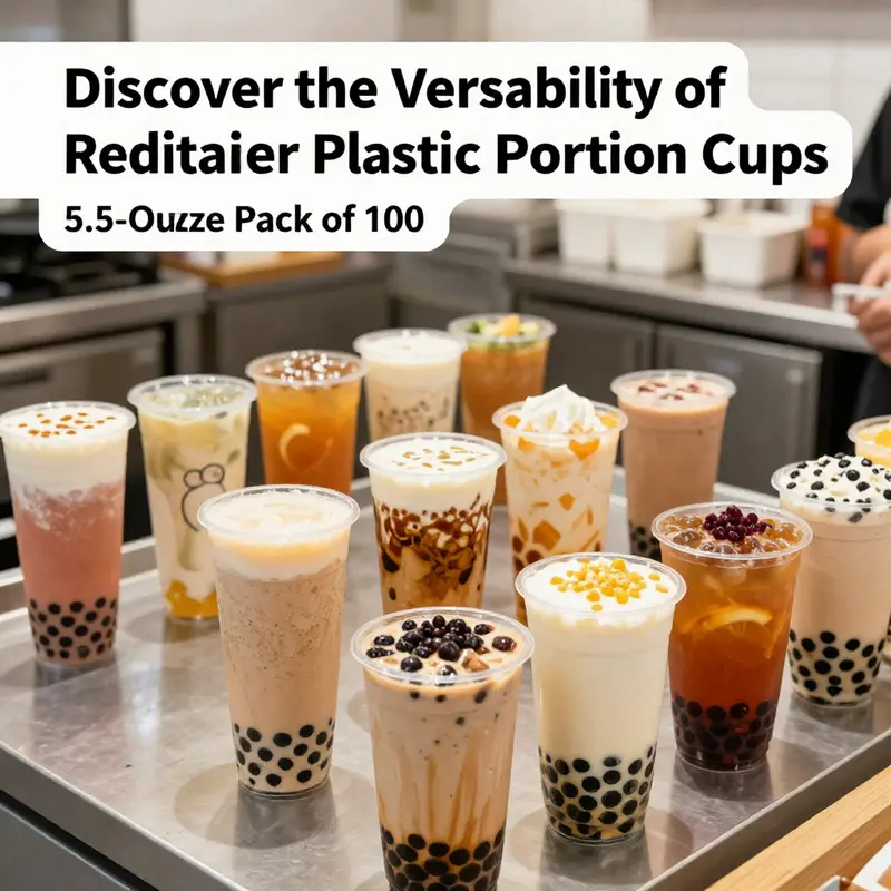 Reditainer 5.5-ounce cups displaying their stackable, clear, and durable design perfect for various food applications.