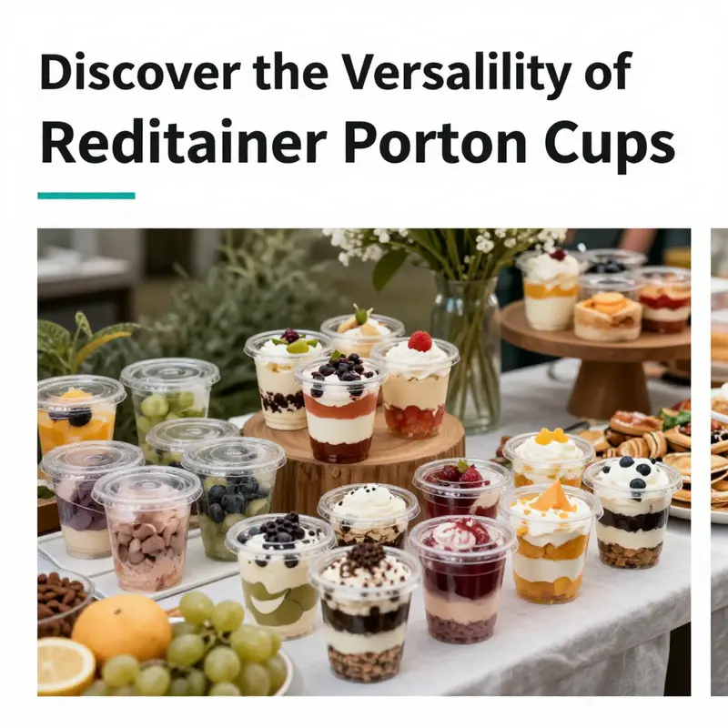 An array of Reditainer disposable portion cups filled with desserts at a catered event, emphasizing their practical and visually appealing nature.