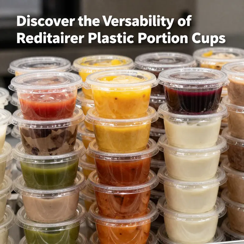 Reditainer 5.5-ounce cups displaying their stackable, clear, and durable design perfect for various food applications.