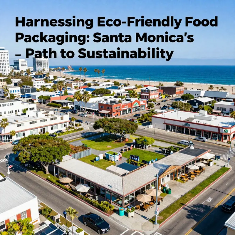 Aerial view of Santa Monica showing restaurants and eco-friendly practices against a beautiful coastal backdrop.