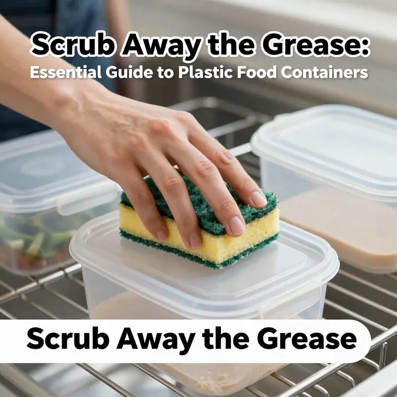 Effective pre-rinse and soak techniques to loosen stubborn grease on plastic food containers.