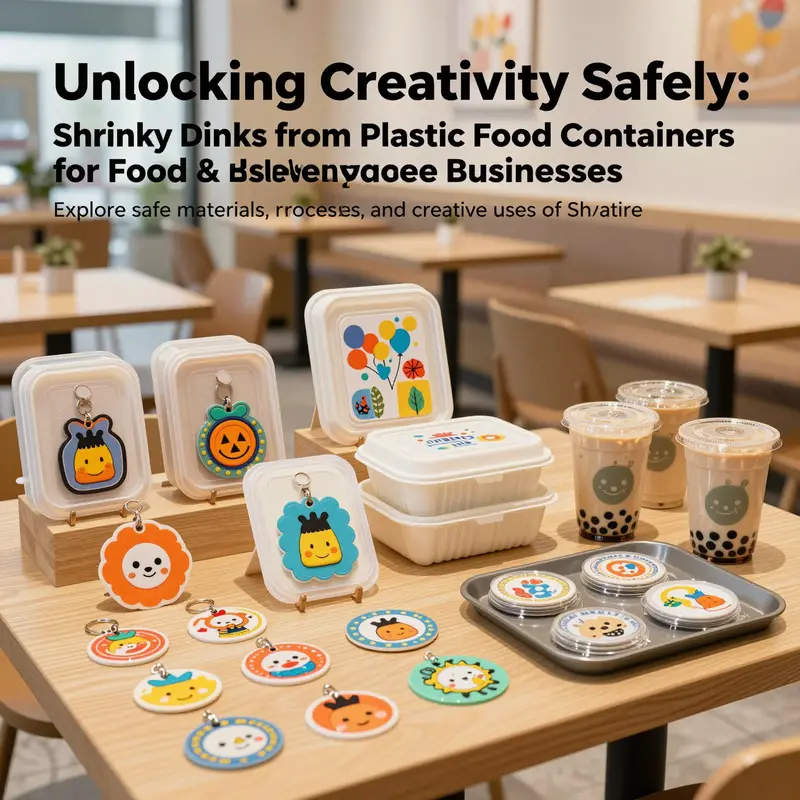 A photo-realistic image of Shrinky Dink crafts made from plastic food containers displayed alongside bubble tea and catering items in a café.