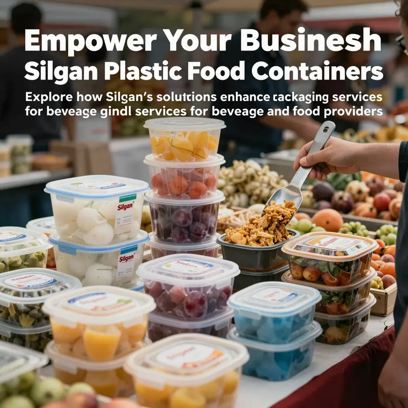 Silgan plastic food containers actively used in a vibrant food market environment.