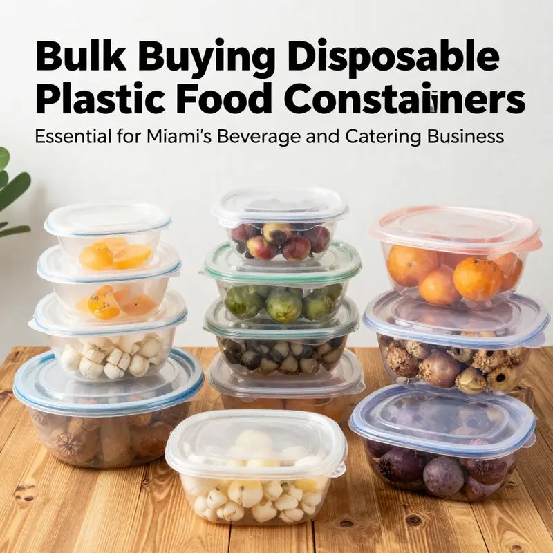 A diverse selection of disposable plastic food containers showcases options available for bulk purchase in Miami.