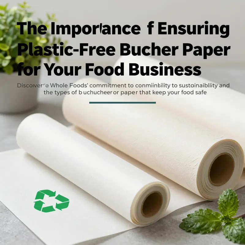 A representation of sustainable butcher paper rolls with eco-friendly symbols and greenery around them.