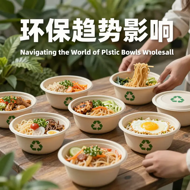 Different types of disposable plastic bowls made from PET, PP, and PLA materials.