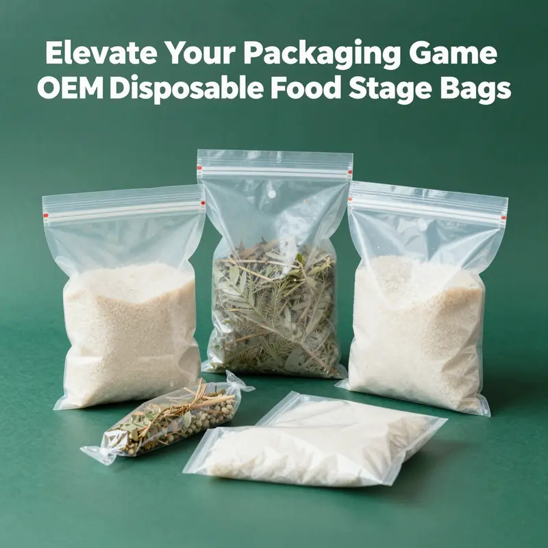Various OEM disposable food storage bags demonstrating multiple design options and materials used.