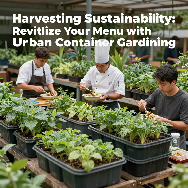 A scene of chefs preparing meals and diners in a garden-like setting with plastic container planters filled with colorful vegetables.
