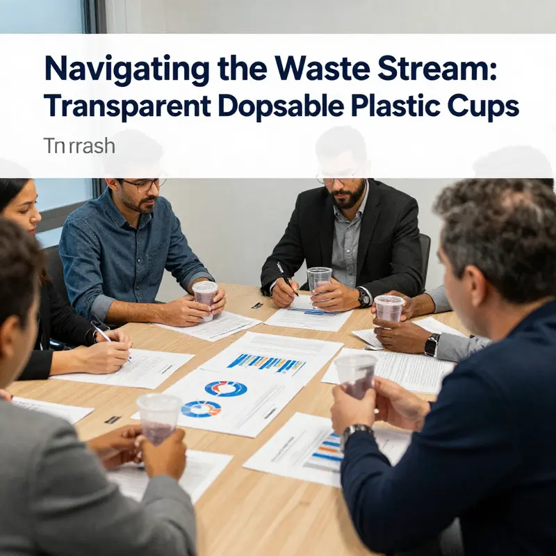 Workers sorting transparent plastic cups into recycling and general waste bins, showcasing effective trash management.