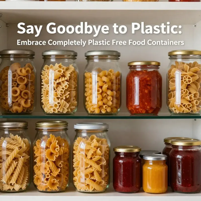 A variety of glass containers filled with healthy food options, promoting a plastic-free lifestyle.
