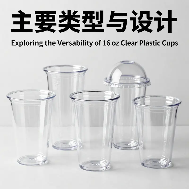 Different materials used for 16 oz clear plastic cups, including PET and PLA.