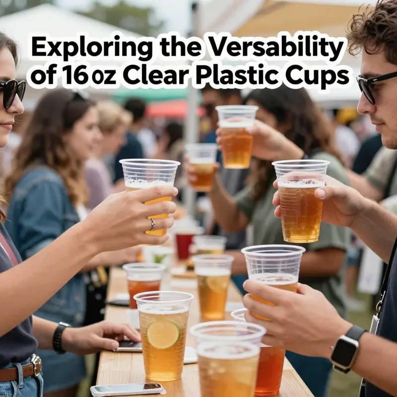 Different materials used for 16 oz clear plastic cups, including PET and PLA.