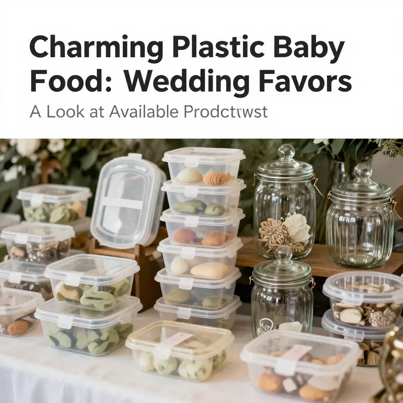 Decorated plastic baby food containers arranged as wedding favors, creatively filled and personalized.