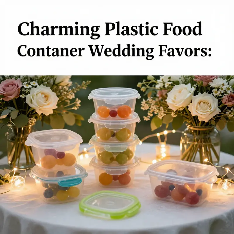 A romantic wedding setup featuring various plastic baby food containers as favors, surrounded by flowers and soft lighting.