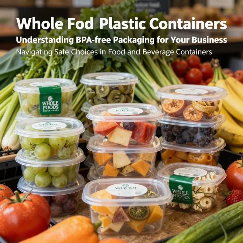 A collection of Whole Foods plastic containers with fresh fruits and vegetables, representing safe and sustainable packaging.