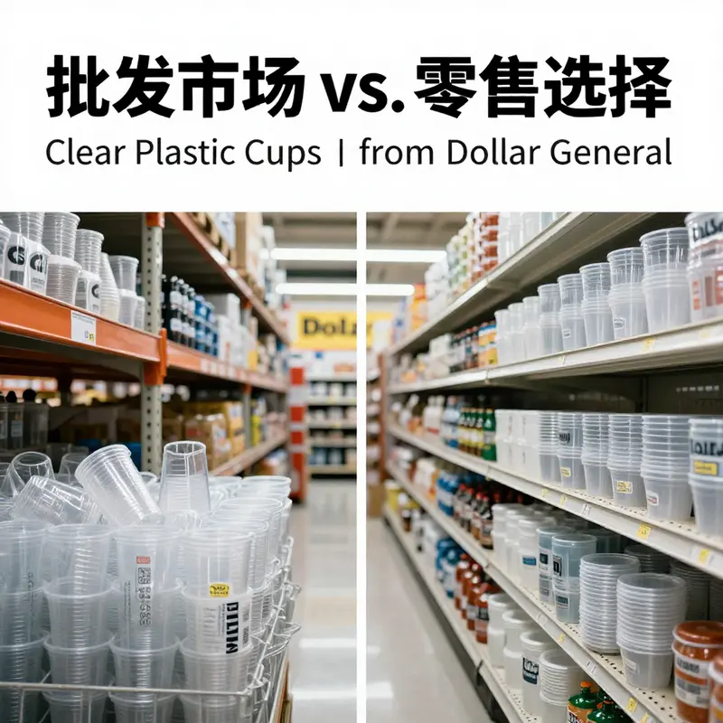 A variety of clear plastic cups available at Dollar General, showcasing their practicality for different beverage services.