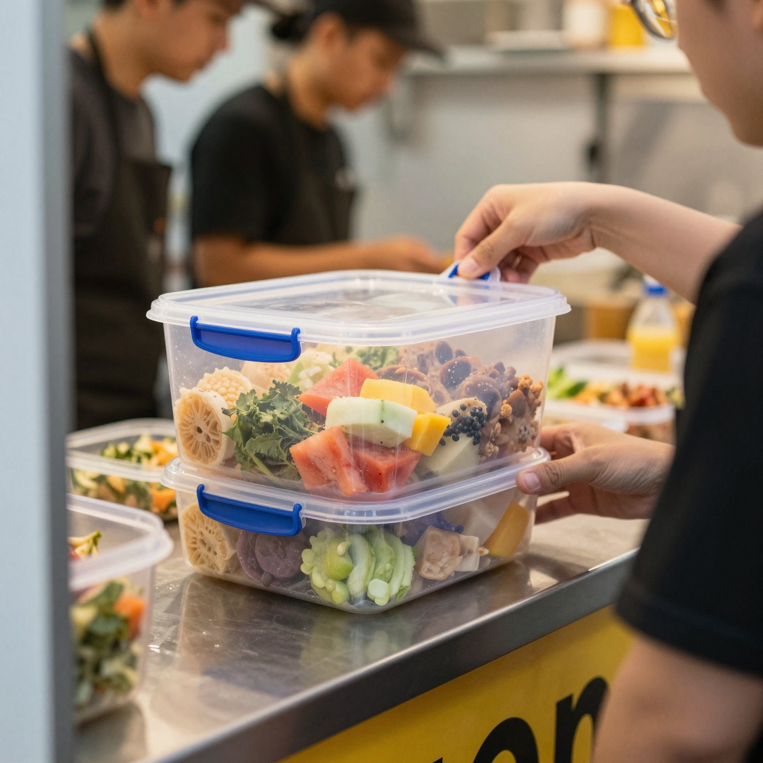 1-litre plastic food container in a food service setting