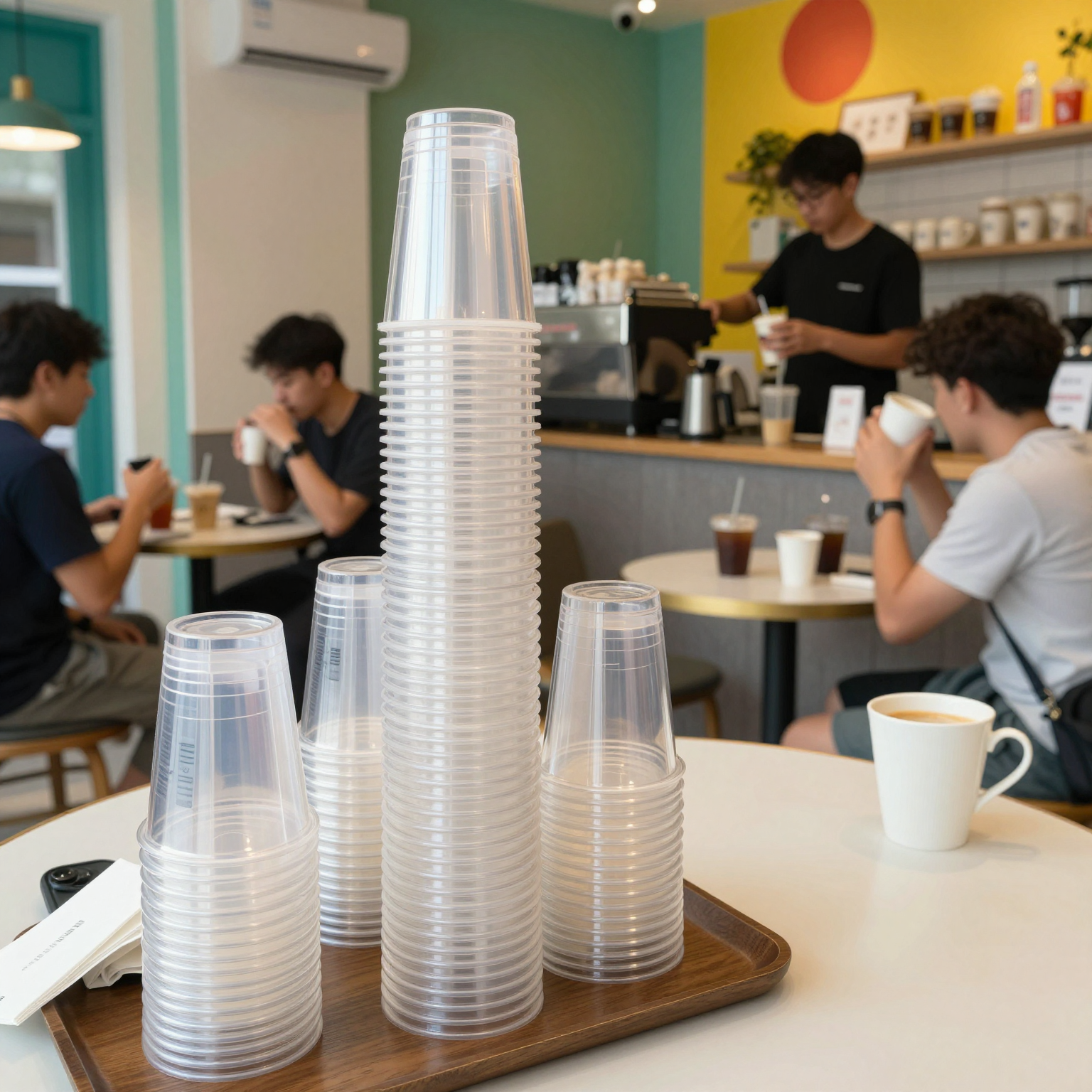 Stack of clear plastic cups in a vibrant cafe setting