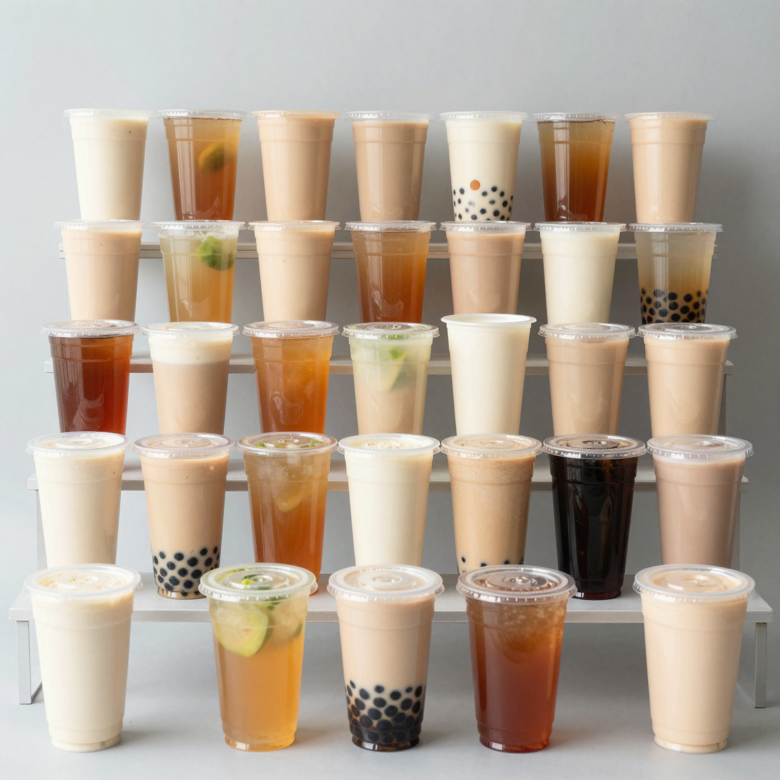 A variety of 250ml disposable plastic cups in different colors and styles.