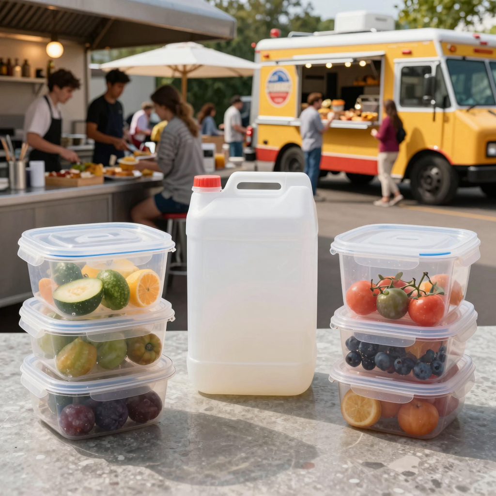 3-gallon plastic food containers in use