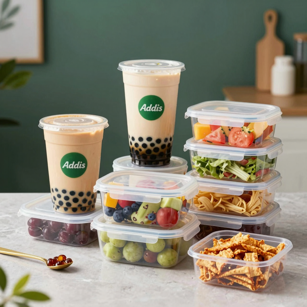 Promotional image featuring Addis plastic food containers with colorful food items