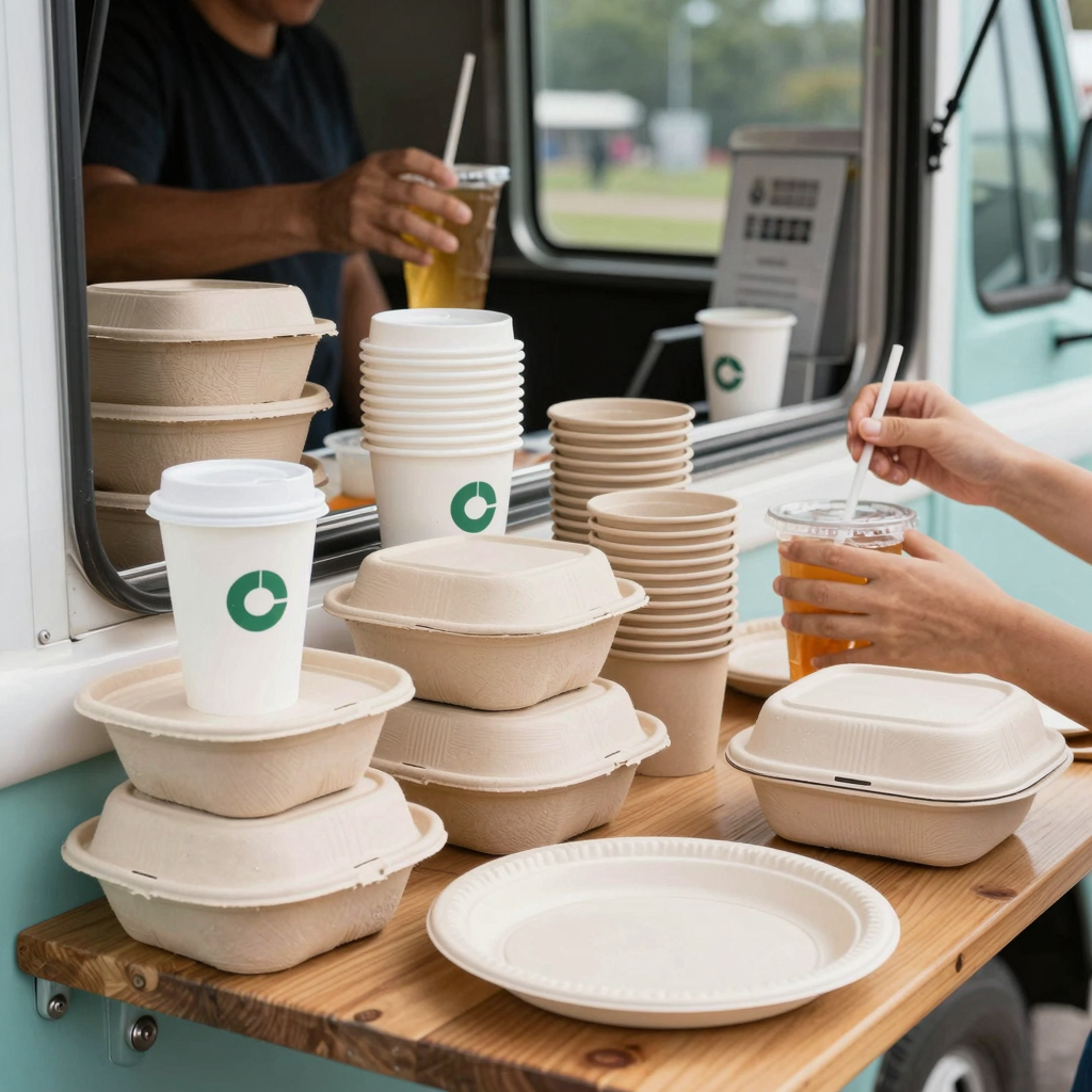 A vibrant visual showcasing a variety of biodegradable disposable containers