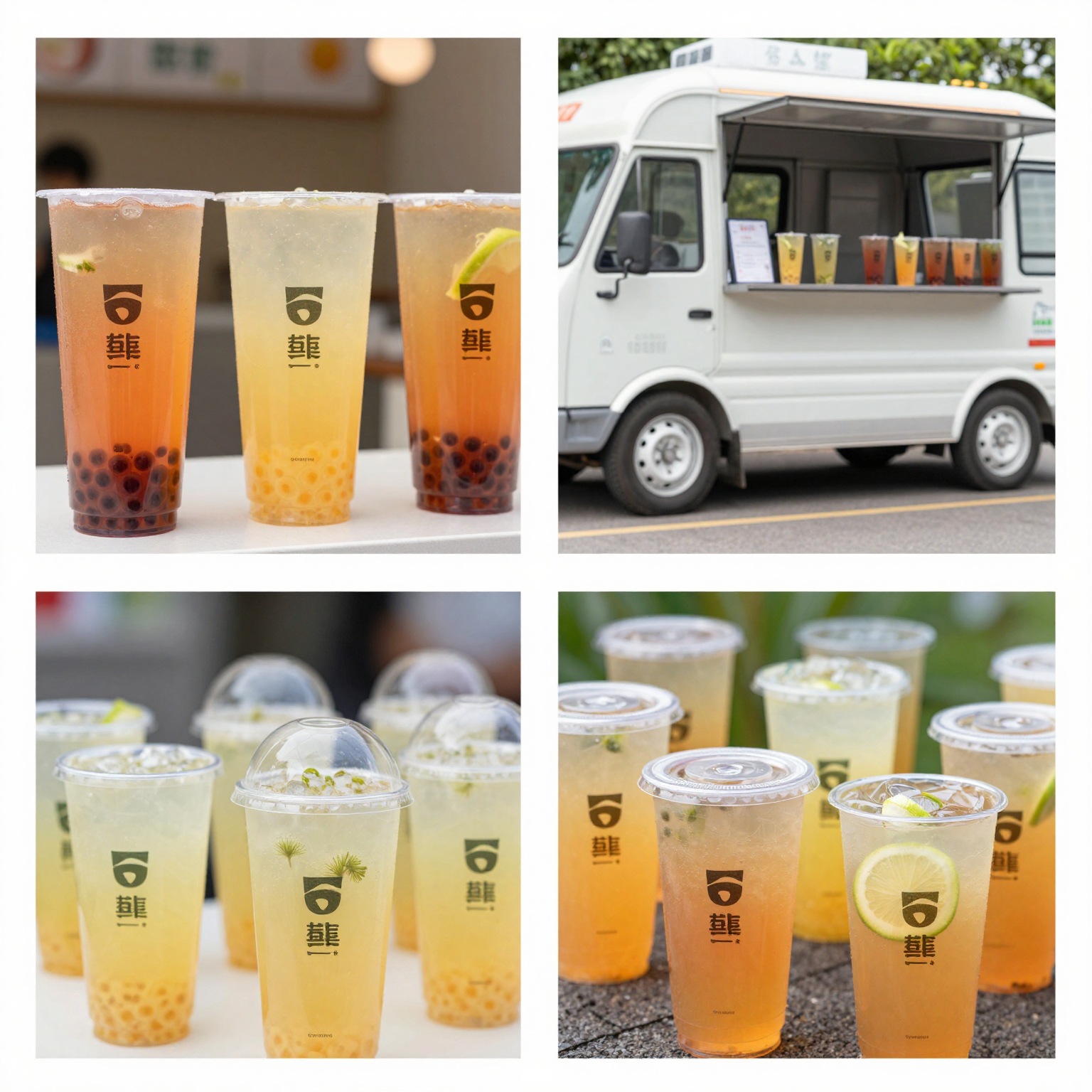 Vibrant visual of clear plastic cups in various sizes at a bubble tea shop, food truck, and outdoor event.