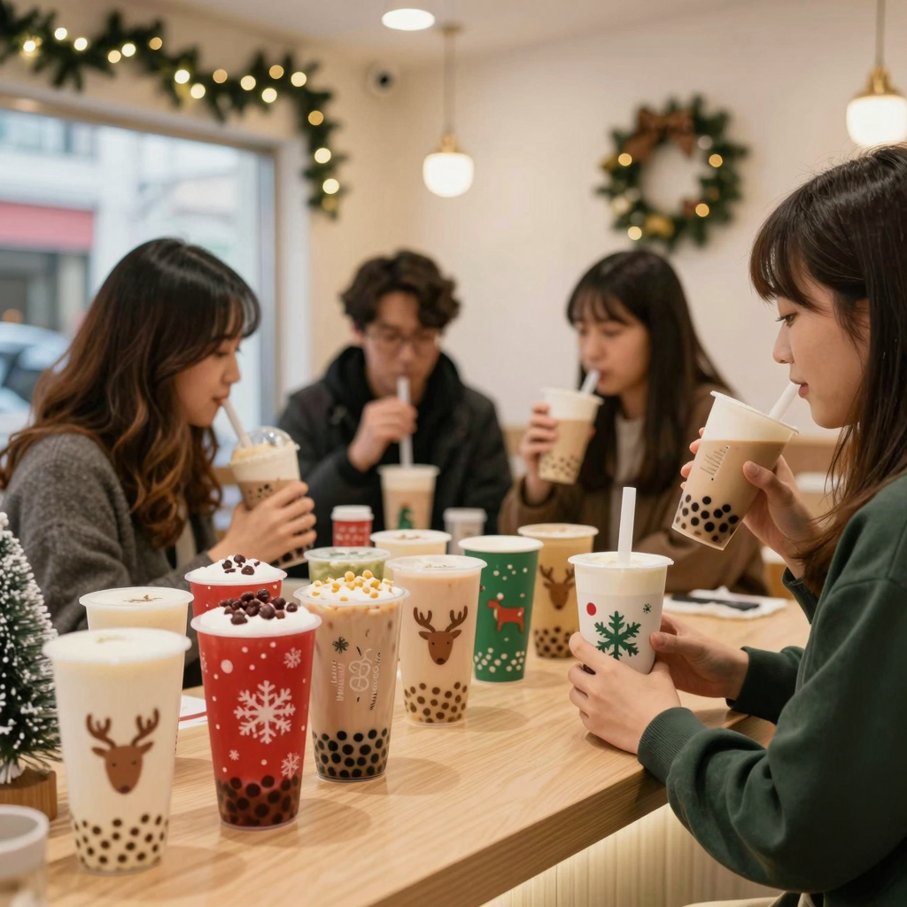 Christmas Disposable Cups in a Cozy Bubble Tea Shop