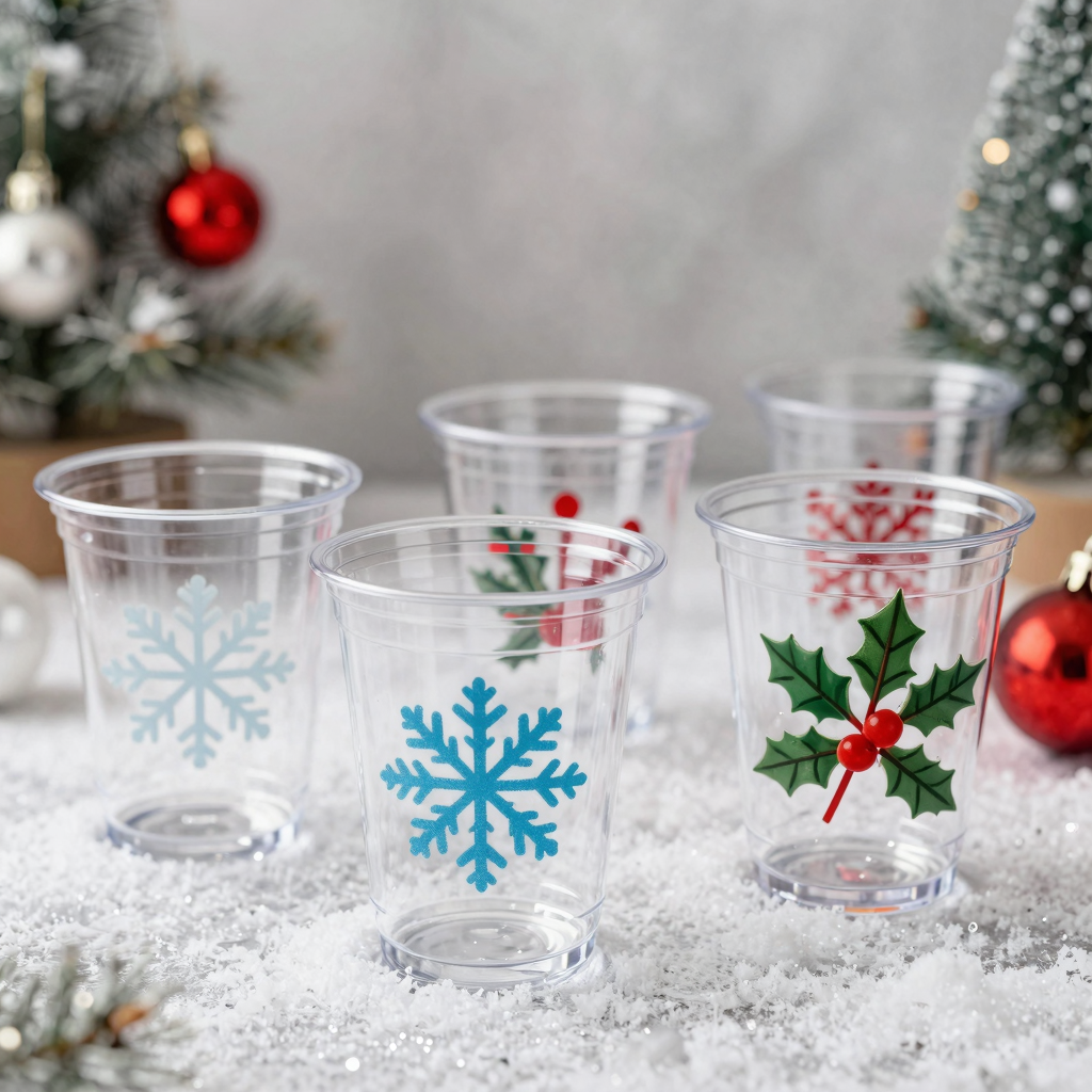 Clear plastic cups as Christmas ornaments
