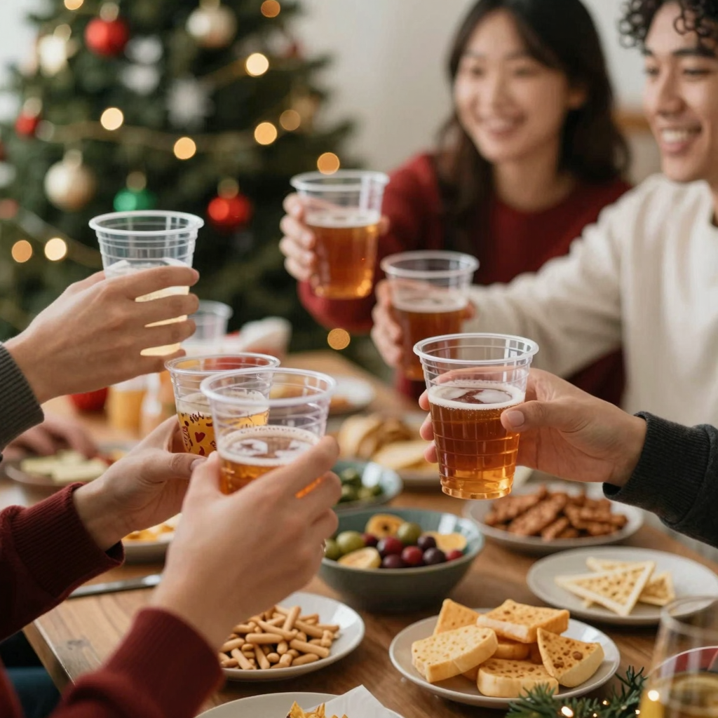 Customers enjoying festive drinks in clear plastic cups