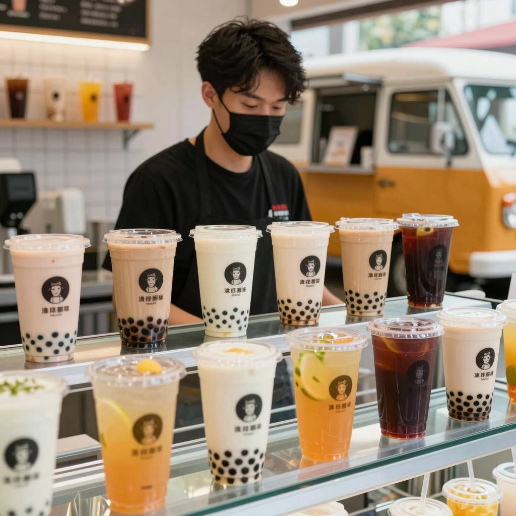 Attractive display of clear plastic cups filled with colorful beverages