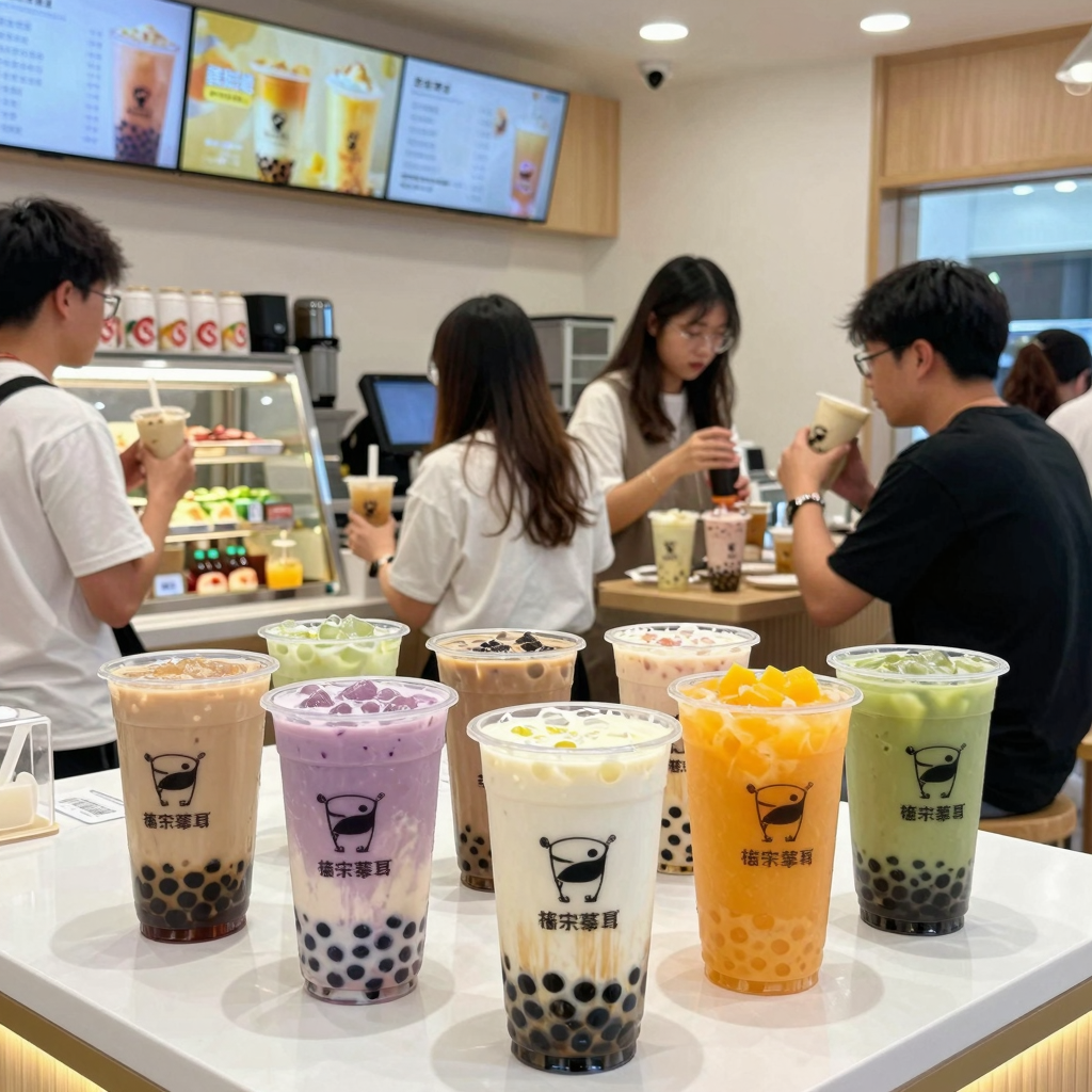 Vibrant bubble tea shop with clear plastic cups