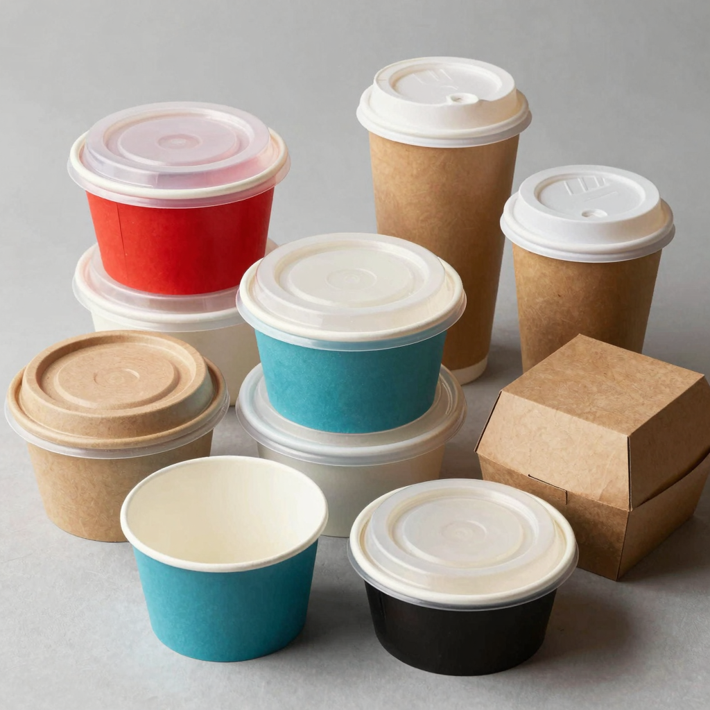 A variety of disposable containers with lids