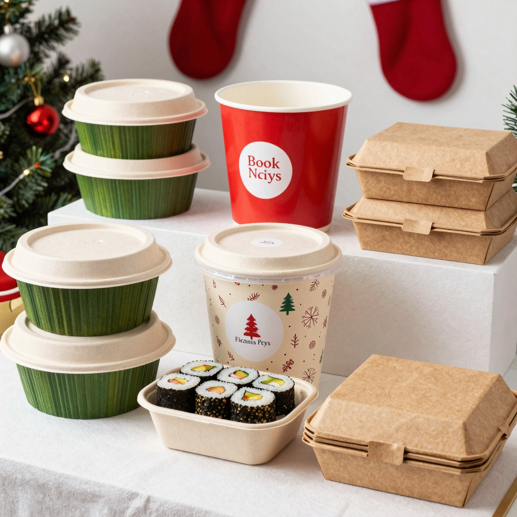 A festive display of various stylish and functional disposable food containers, ideal for holiday themes.