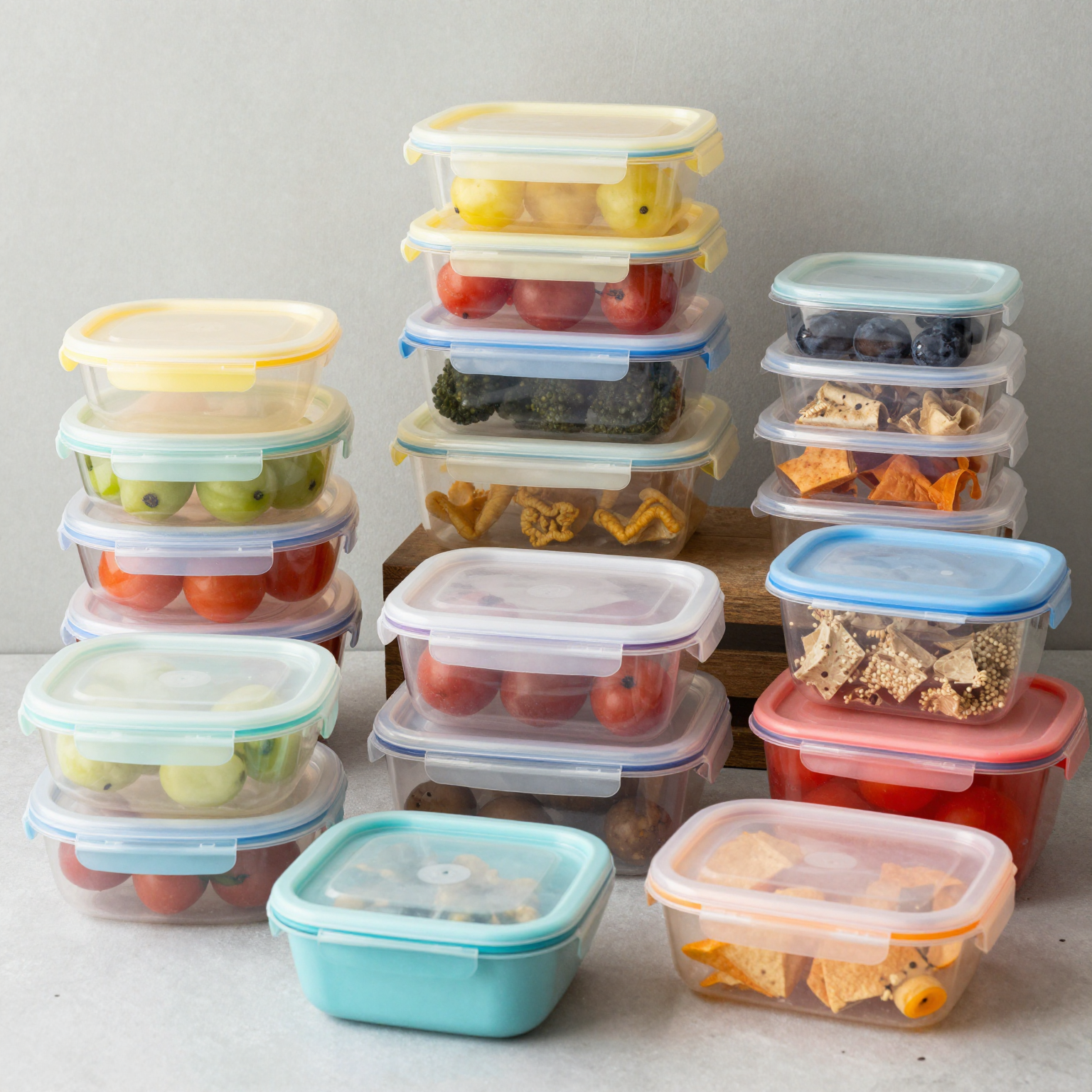 A variety of plastic food containers showcasing different shapes and sizes suitable for food service applications.
