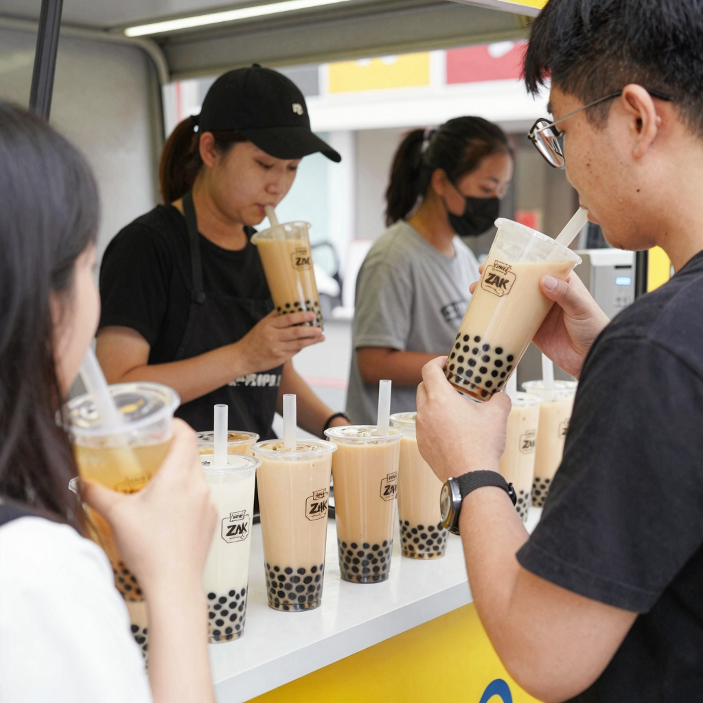 Clear plastic portion cups in a vibrant bubble tea shop setting