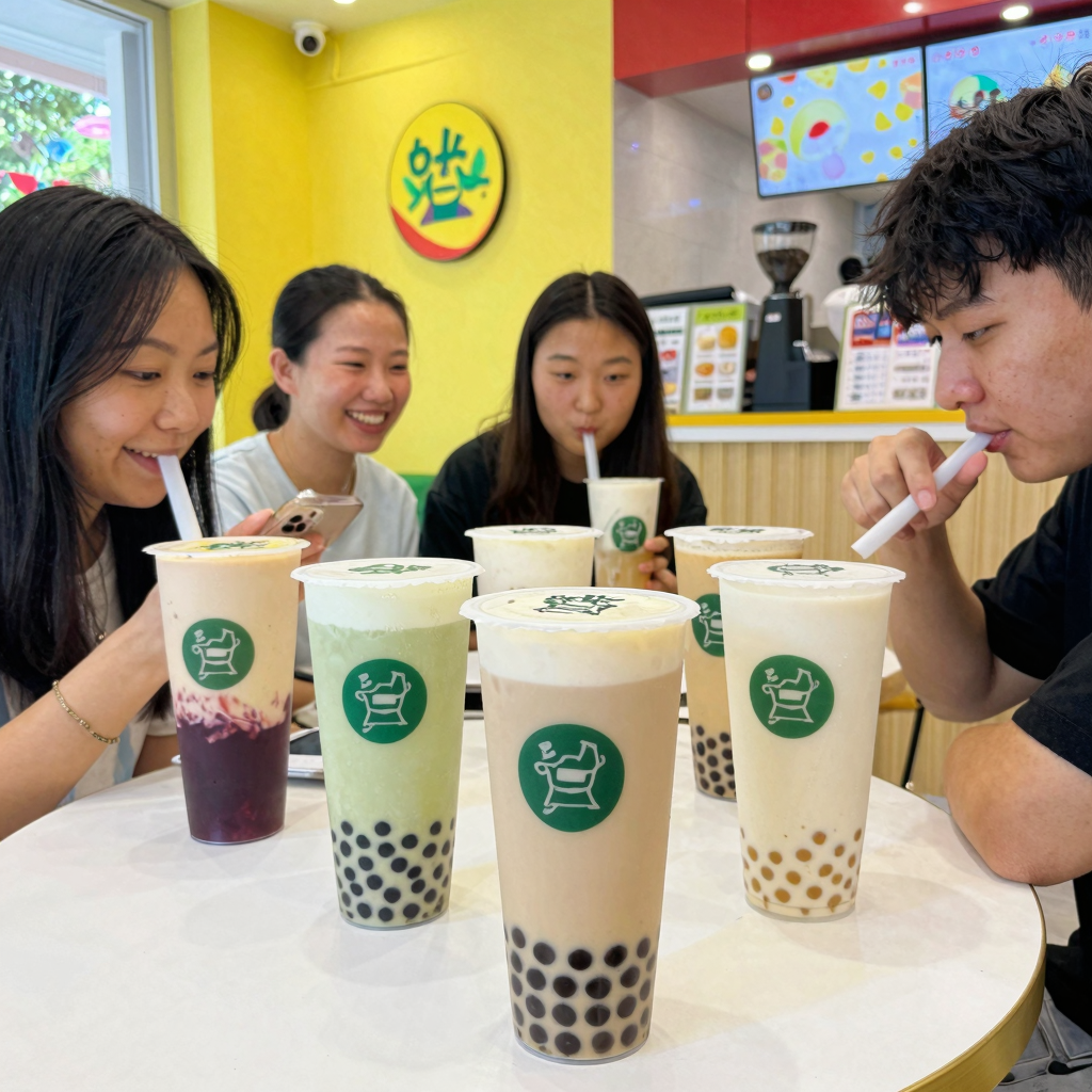 A lively bubble tea shop with customers enjoying drinks