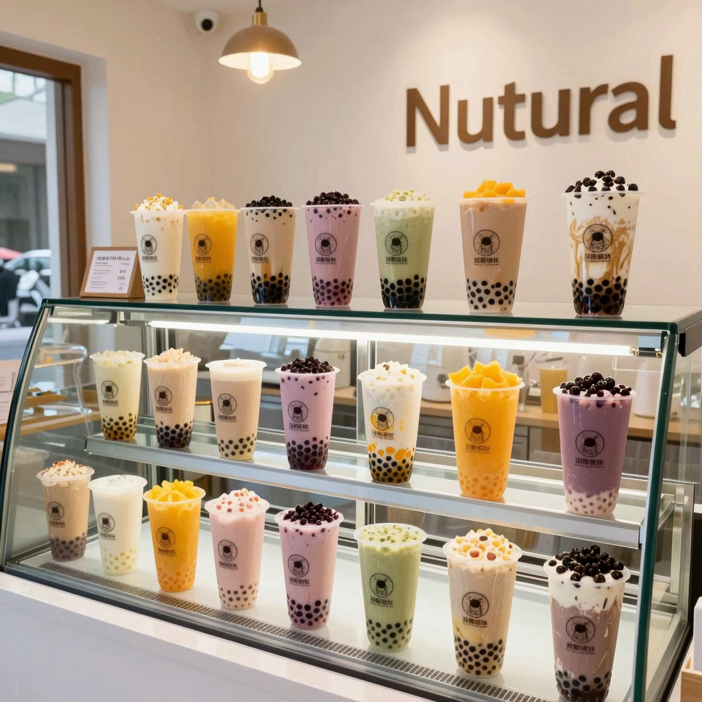 A selection of disposable frappe cups in various colors and designs, placed on a wooden table. This scene feels warm and inviting, perfect for a beverage shop.