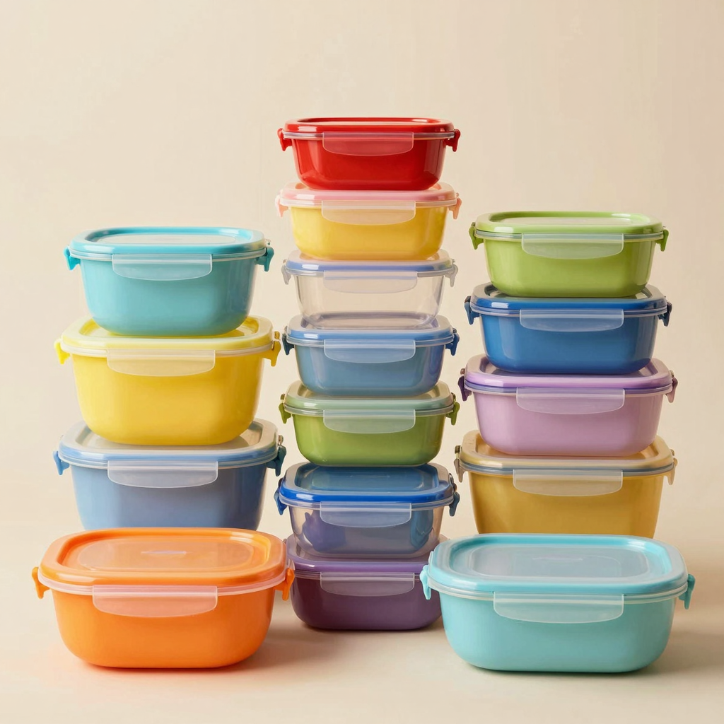 Collection of colorful plastic food containers showing various shapes and sizes